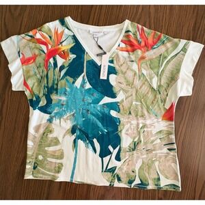 NWT! Chicos Women Zenergy UPF 2/Lrg White Tropical Palm Leaf Sequin V-Neck Cap